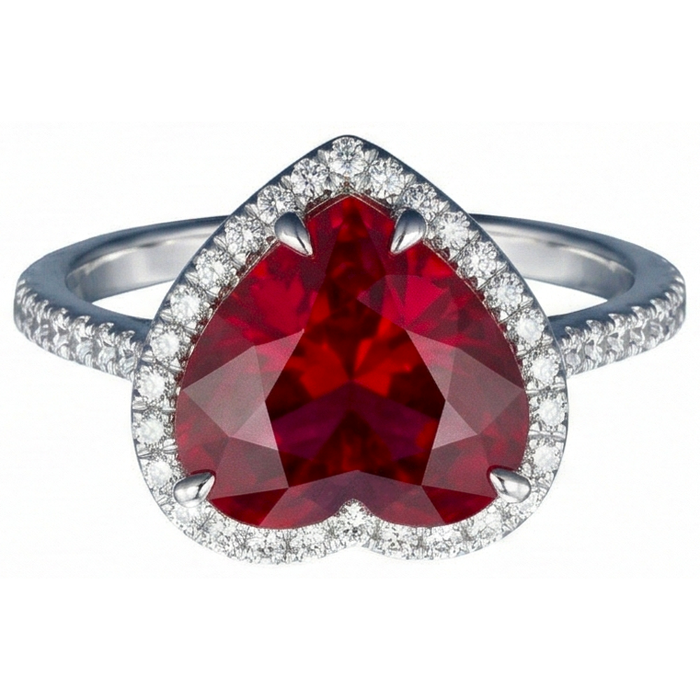 Heart Shaped Ruby IGI CERTIFIED And Accents Diamond Ring White Gold 14K 5.35 Ct