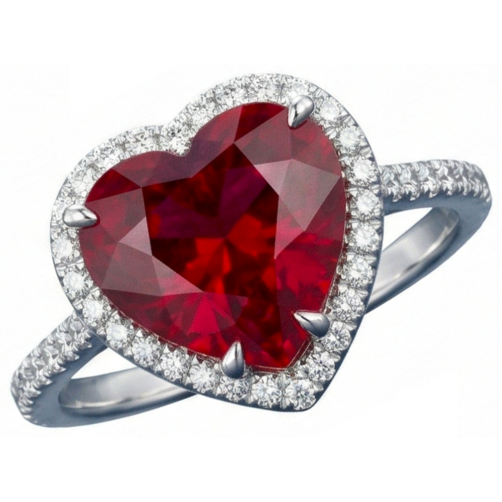 Heart Shaped Ruby IGI CERTIFIED And Accents Diamond Ring White Gold 14K 5.35 Ct