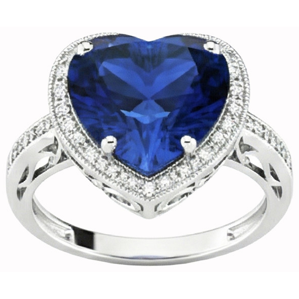 Heart Shaped Sri Lanka Blue Sapphire & Natural Earth Mined Diamond Ring 7.76 Carat WG 14K