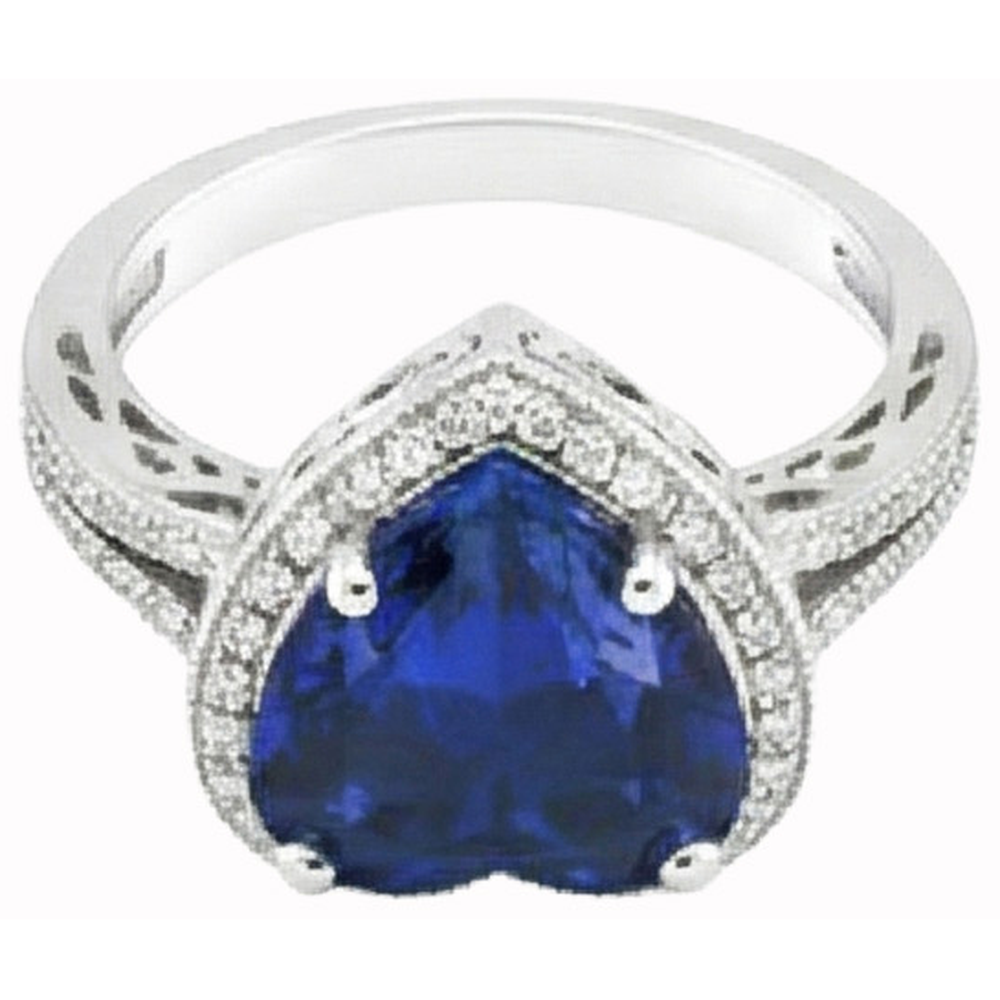 Heart Shaped Sri Lanka Blue Sapphire & Natural Earth Mined Diamond Ring 7.76 Carat WG 14K