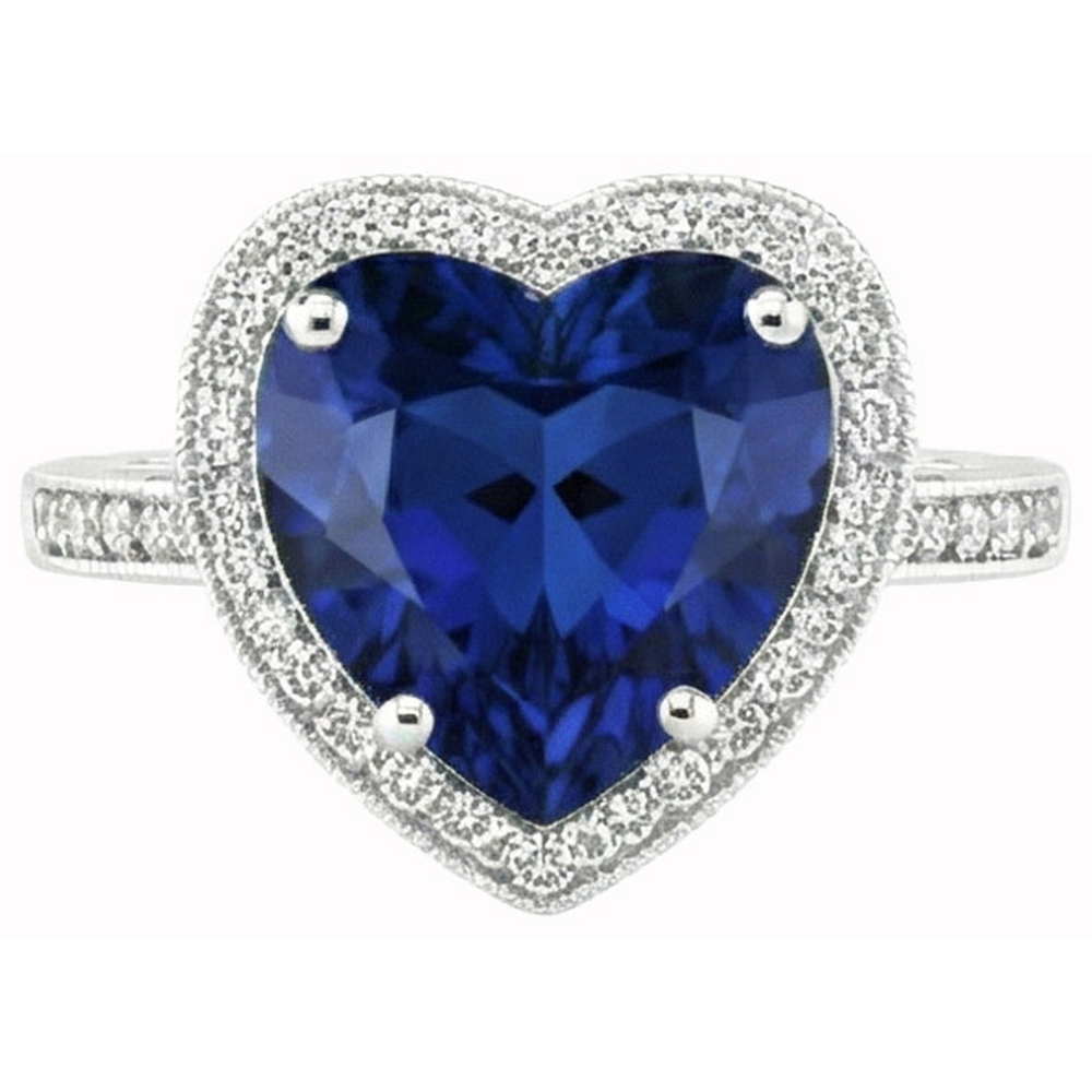 Heart Shaped Sri Lanka Blue Sapphire & Natural Earth Mined Diamond Ring 7.76 Carat WG 14K