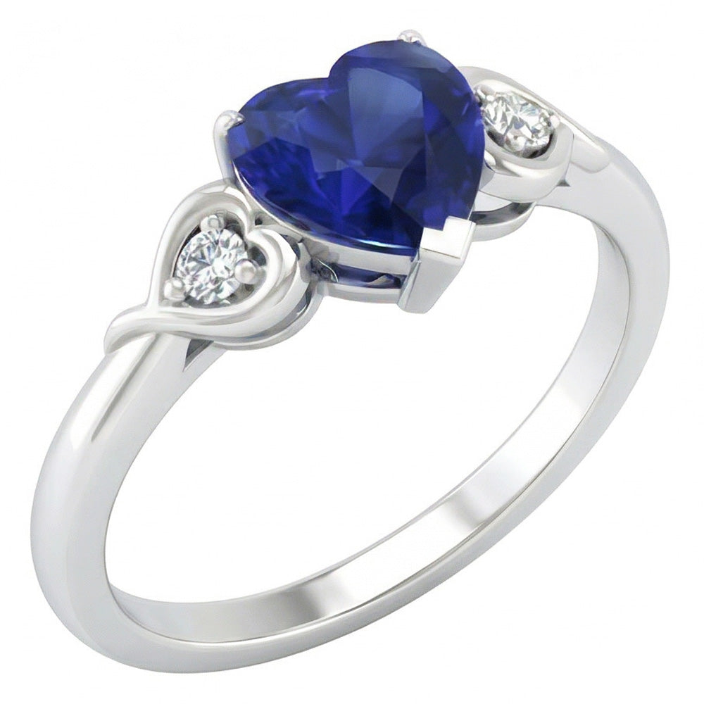 Heart Three Stone Natural Earth Mined Diamond & Deep Blue Sapphire Ring 1.75 Carats