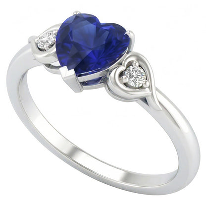 Heart Three Stone Natural Earth Mined Diamond & Deep Blue Sapphire Ring 1.75 Carats