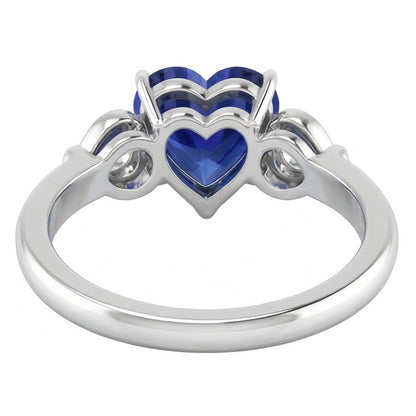 Heart Three Stone Natural Earth Mined Diamond & Deep Blue Sapphire Ring 1.75 Carats