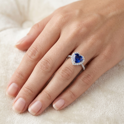 Heart Ceylon Sapphire Round Natural Earth Mined Diamonds Ring 4 Ct White Gold 14K