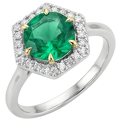 Natural Real ( Not Lab Grown ) Hexagon Shape Halo Gemstone Ring Green Emerald GIA Round Cut