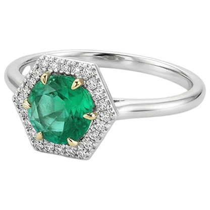 Natural Real ( Not Lab Grown ) Hexagon Shape Halo Gemstone Ring Green Emerald GIA Round Cut