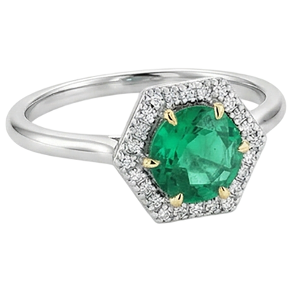 Natural Real ( Not Lab Grown ) Hexagon Shape Halo Gemstone Ring Green Emerald GIA Round Cut