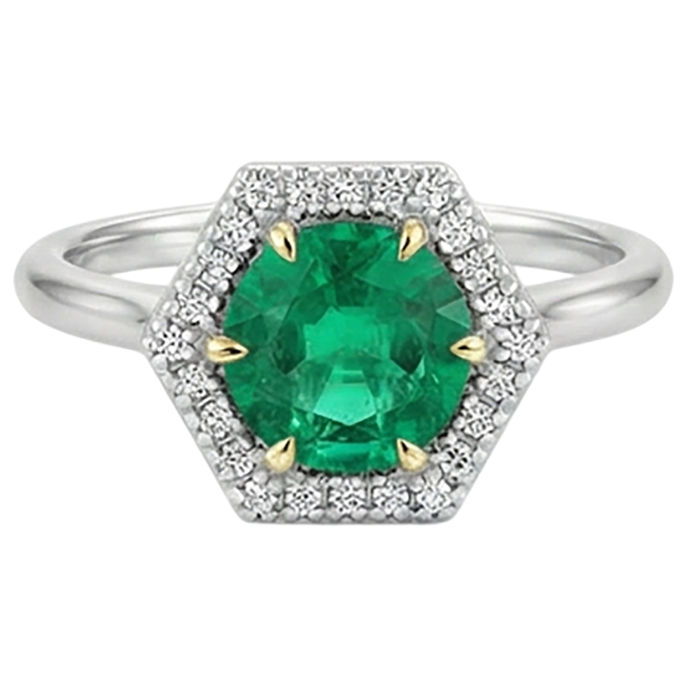 Natural Real ( Not Lab Grown ) Hexagon Shape Halo Gemstone Ring Green Emerald GIA Round Cut