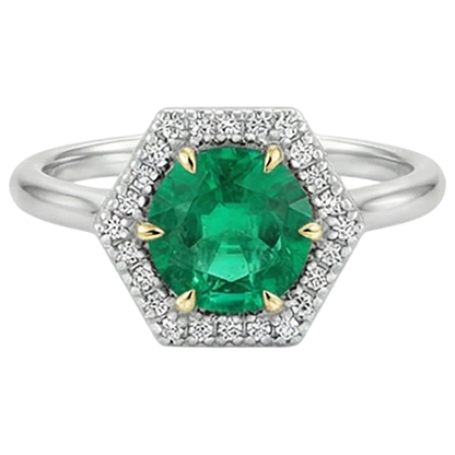 Natural Real ( Not Lab Grown ) Hexagon Shape Halo Gemstone Ring Green Emerald GIA Round Cut