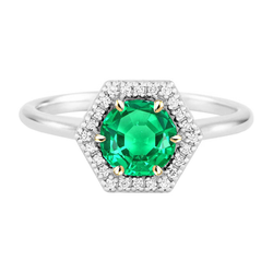 Hexagon Shape Halo Gemstone Ring Green Emerald Round Cut