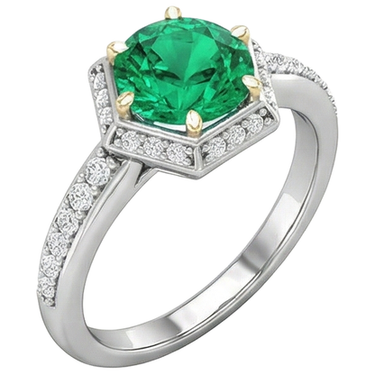 Natural Real ( Not Lab Grown ) Hexagon Shape Ring Green Emerald GIA Halo Diamond Jewelry