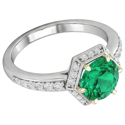 Natural Real ( Not Lab Grown ) Hexagon Shape Ring Green Emerald GIA Halo Diamond Jewelry