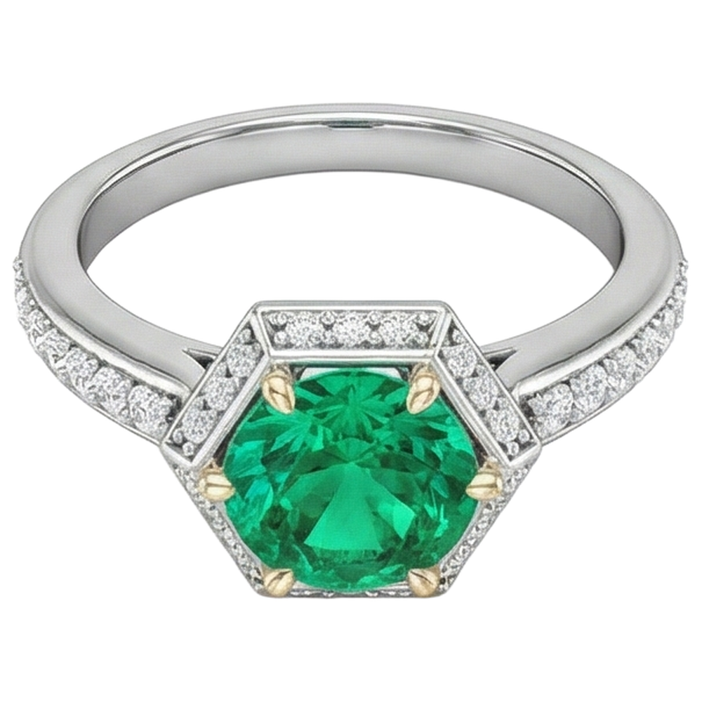 Natural Real ( Not Lab Grown ) Hexagon Shape Ring Green Emerald GIA Halo Diamond Jewelry