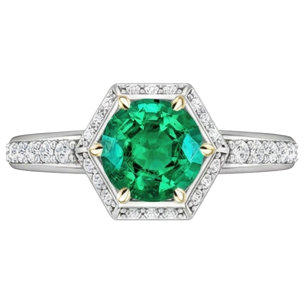 Natural Real ( Not Lab Grown ) Hexagon Shape Ring Green Emerald GIA Halo Diamond Jewelry
