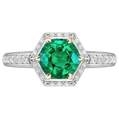 Natural Real ( Not Lab Grown ) Hexagon Shape Ring Green Emerald GIA Halo Diamond Jewelry