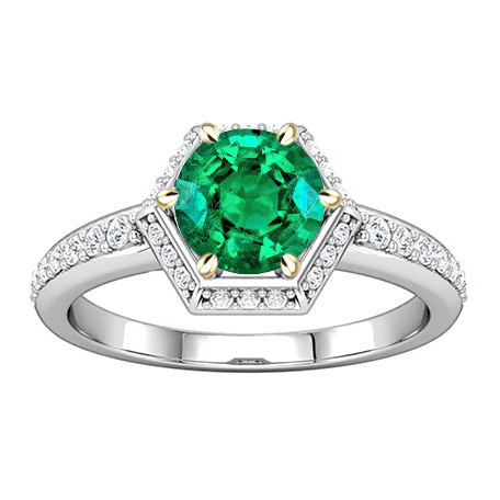 Hexagon Shape Ring Green Emerald Halo Diamond Jewelry