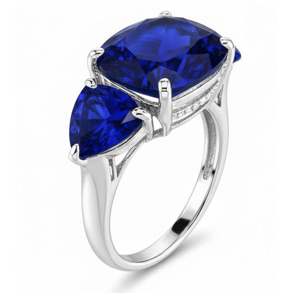 Hidden Halo Cushion & Trillion Ceylon Sapphire Natural Earth Mined Diamond Ring WG 14K