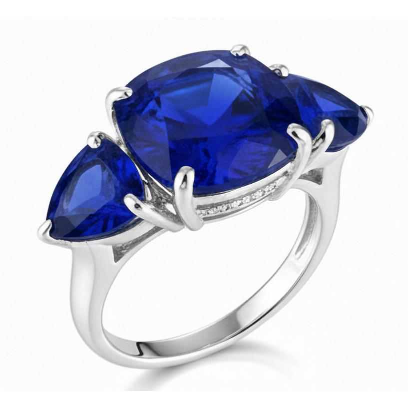 Hidden Halo Cushion & Trillion Ceylon Sapphire Natural Earth Mined Diamond Ring WG 14K