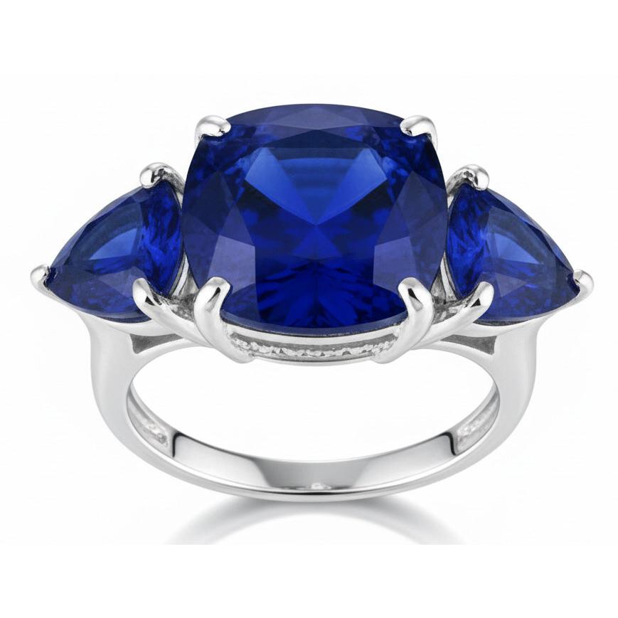 Hidden Halo Cushion & Trillion Ceylon Sapphire Natural Earth Mined Diamond Ring WG 14K