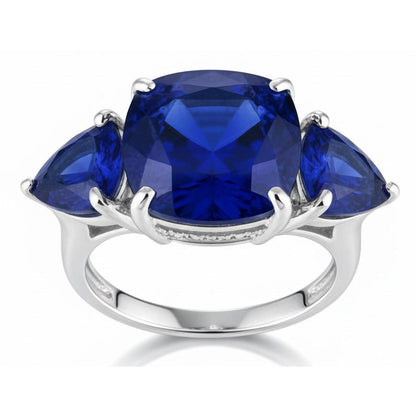 Hidden Halo Cushion & Trillion Ceylon Sapphire Natural Earth Mined Diamond Ring WG 14K