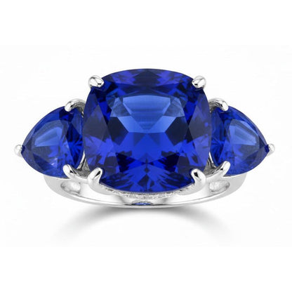 Hidden Halo Cushion & Trillion Ceylon Sapphire Natural Earth Mined Diamond Ring WG 14K