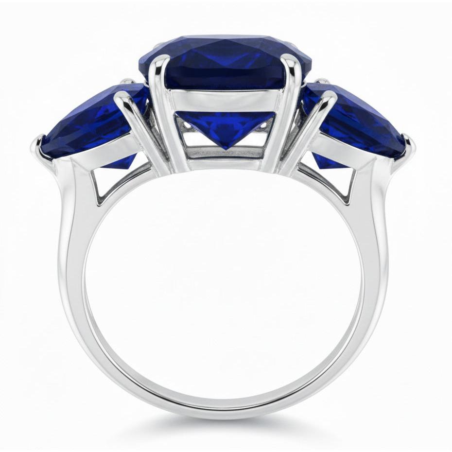 Hidden Halo Cushion & Trillion Ceylon Sapphire Natural Earth Mined Diamond Ring WG 14K