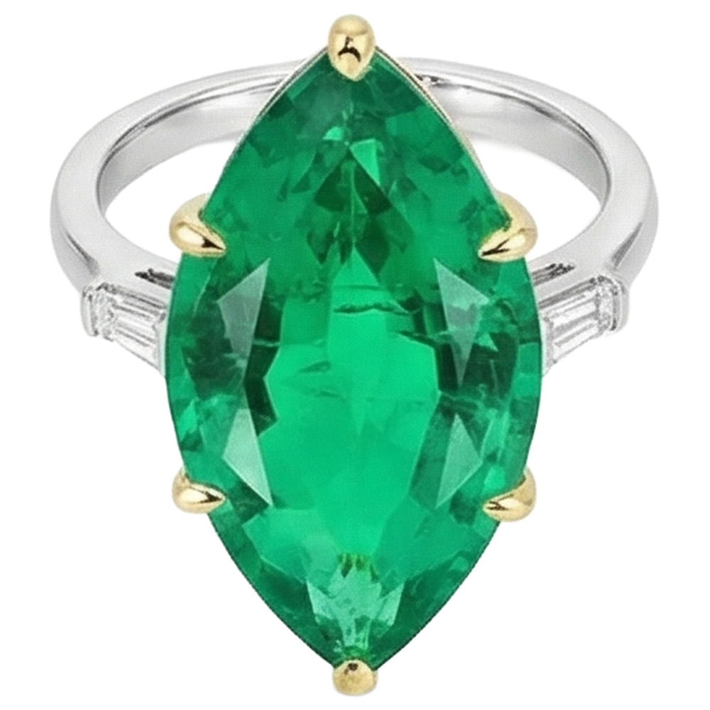 Natural Real ( Not Lab Grown ) Huge Green Emerald GIA Ring Marquise 3 Stone Jewelry