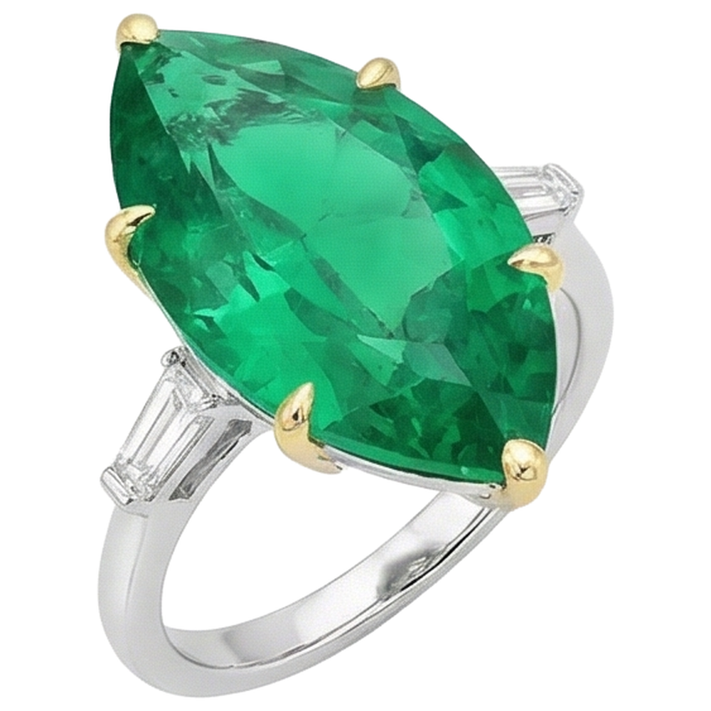 Natural Real ( Not Lab Grown ) Huge Green Emerald GIA Ring Marquise 3 Stone Jewelry
