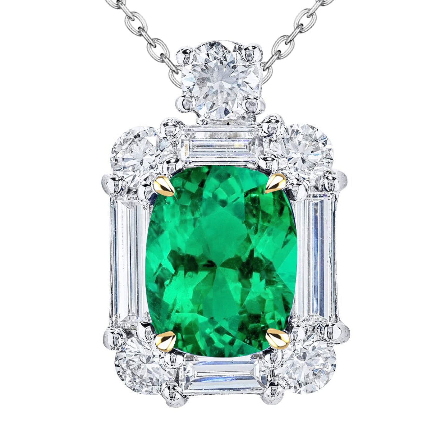 Huge Green Emerald Pendant Necklace With Baguette & Round Diamonds