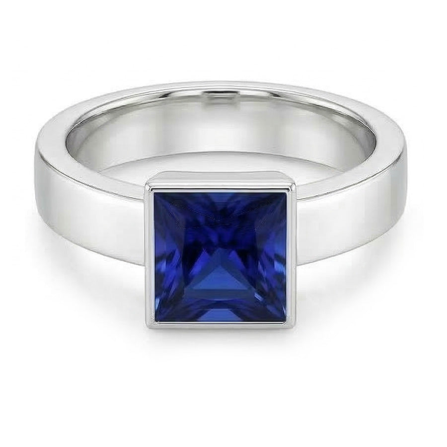 IGI CERTIFIED Bezel Set Solitaire Mens Ring Princess Ceylon Color Sapphire 5 Ct White Gold