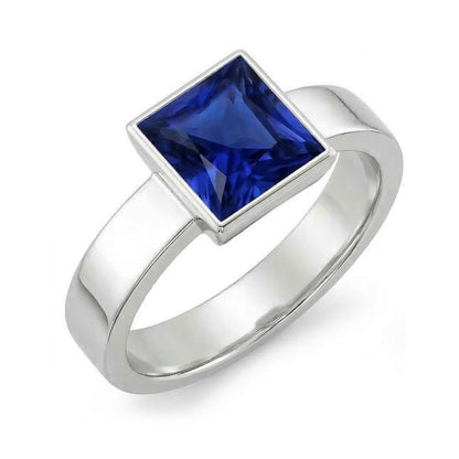 IGI CERTIFIED Bezel Set Solitaire Mens Ring Princess Ceylon Color Sapphire 5 Ct White Gold