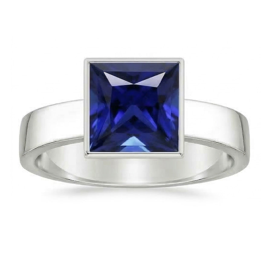 IGI CERTIFIED Bezel Set Solitaire Mens Ring Princess Ceylon Color Sapphire 5 Ct White Gold