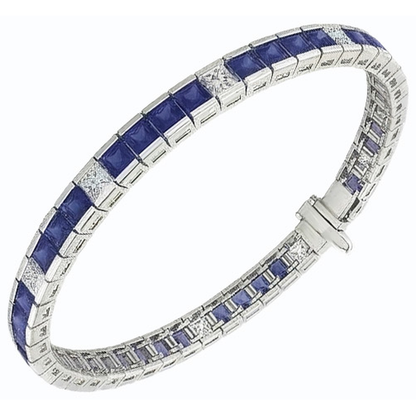 IGI CERTIFIED Blue Sapphire Tennis Bracelet Princess Cut 25 Carats White Gold 14K
