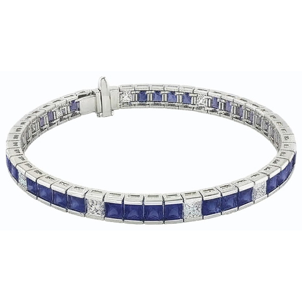 IGI CERTIFIED Blue Sapphire Tennis Bracelet Princess Cut 25 Carats White Gold 14K