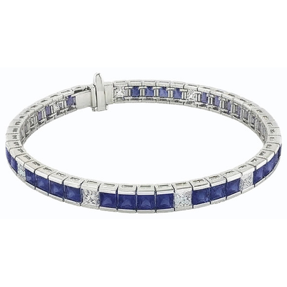 IGI CERTIFIED Blue Sapphire Tennis Bracelet Princess Cut 25 Carats White Gold 14K