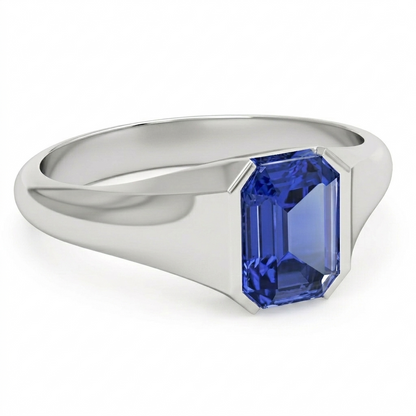 IGI CERTIFIED Emerald Cut Solitaire Blue Sapphire Gents Ring White Gold 4 Carats New