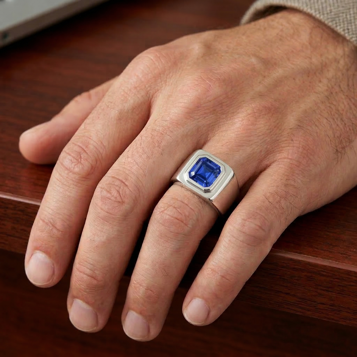 IGI CERTIFIED Solitaire Men's Ring 1.50 Carats Flush Set Blue Sapphire Asscher Cut