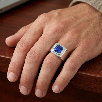 IGI CERTIFIED Solitaire Men's Ring 1.50 Carats Flush Set Blue Sapphire Asscher Cut