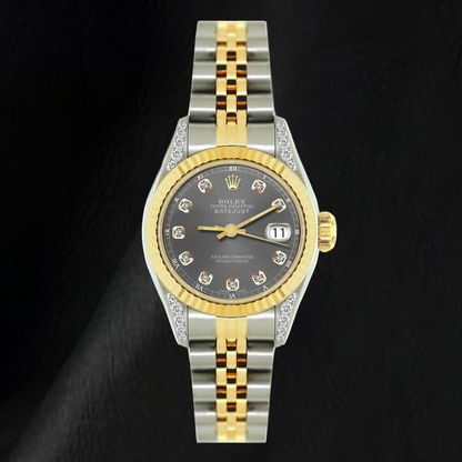 Rolex Datejust 69173 26mm Gray Diamond Dial Fluted Bezel Two Tone Watch