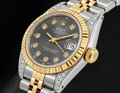 Rolex Datejust 69173 26mm Gray Diamond Dial Fluted Bezel Two Tone Watch