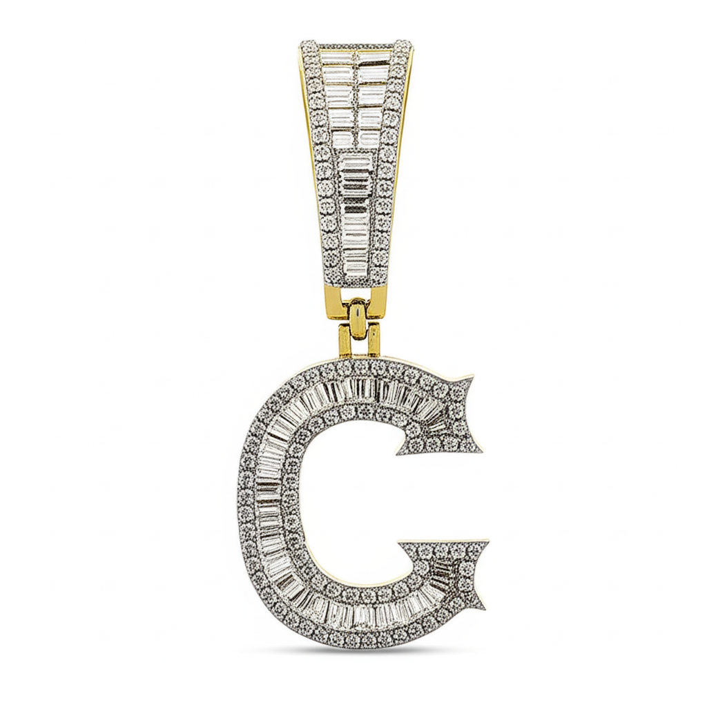 Mens Baguette Natural Real Diamond ( Not Lab Grown ) Initial Letter 10K Gold Pendant