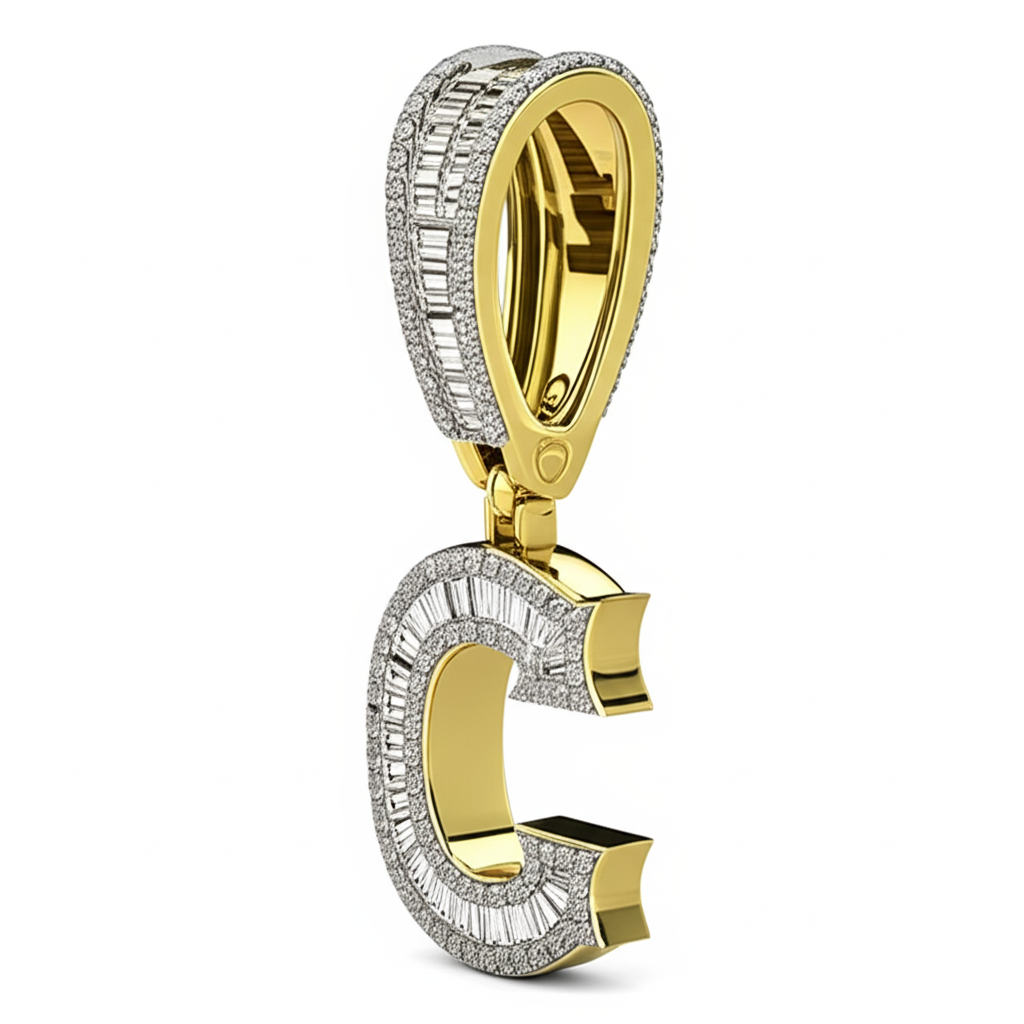 Mens Baguette Natural Real Diamond ( Not Lab Grown ) Initial Letter 10K Gold Pendant