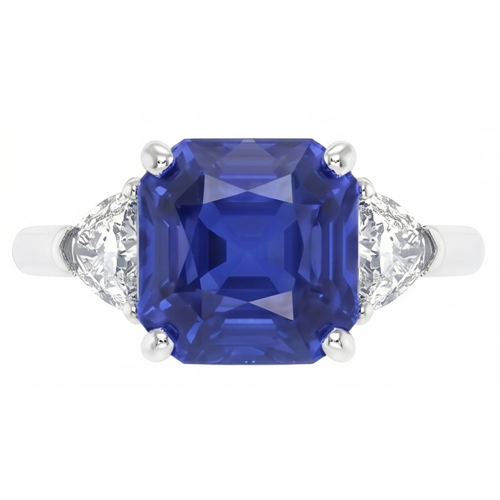 Ladies 3 Stone Ring Asscher Ceylon Sapphire & Natural Earth Mined Diamonds 4.50 Carats