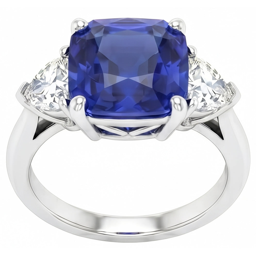 Ladies 3 Stone Ring Asscher Ceylon Sapphire & Natural Earth Mined Diamonds 4.50 Carats
