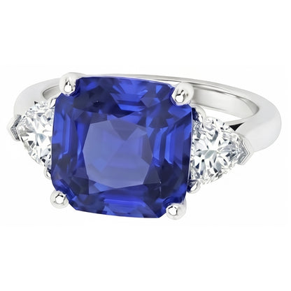 Ladies 3 Stone Ring Asscher Ceylon Sapphire & Natural Earth Mined Diamonds 4.50 Carats