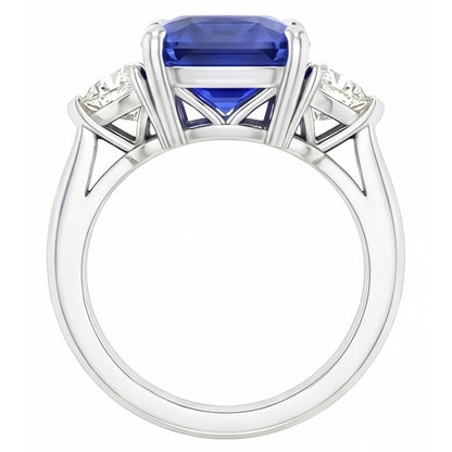 Ladies 3 Stone Ring Asscher Ceylon Sapphire & Natural Earth Mined Diamonds 4.50 Carats