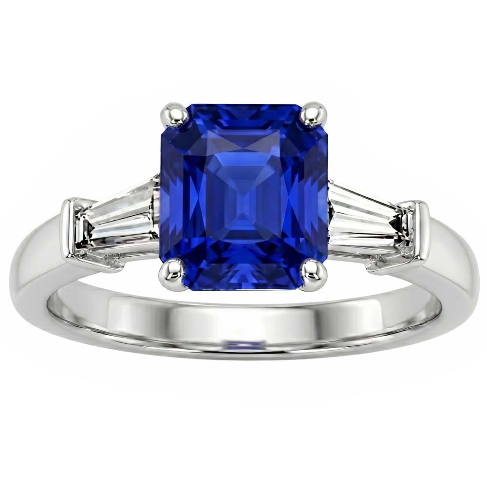 Ladies 3 Stone Sapphire Engagement Ring 2.50 Carats Baguette Natural Earth Mined Diamonds