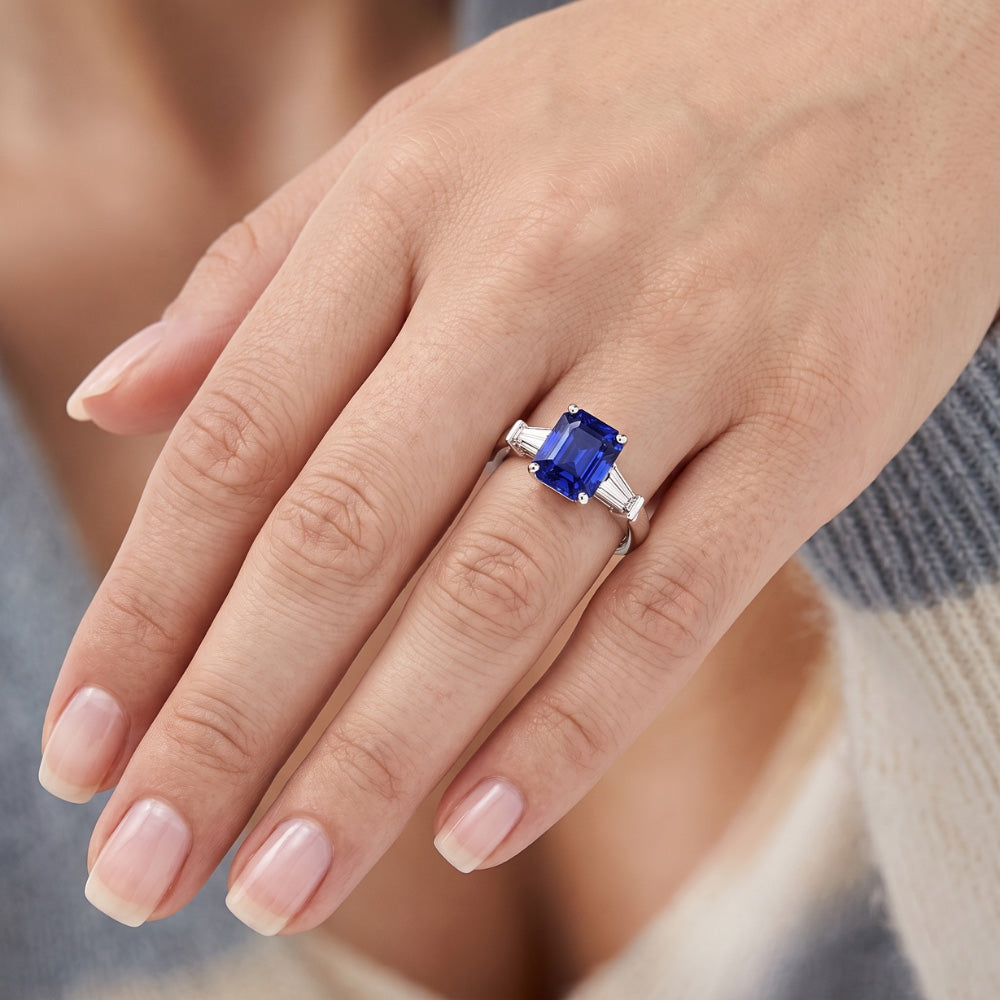 Ladies 3 Stone Sapphire Engagement Ring 2.50 Carats Baguette Natural Earth Mined Diamonds