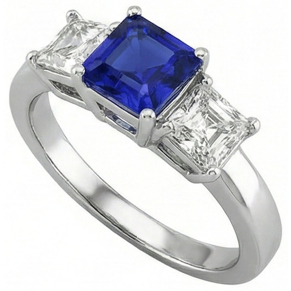 Ladies Asscher Natural Earth Mined Diamond Ring Ceylon Sapphire 3 Stone Jewelry 2 Carats